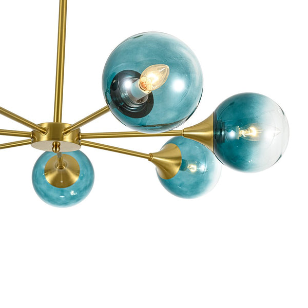 Chandelierias - Mid - century Sphere 7 - Light Cyan - blue Glass Bubble Linear Chandelier - Chandeliers - Brass - 