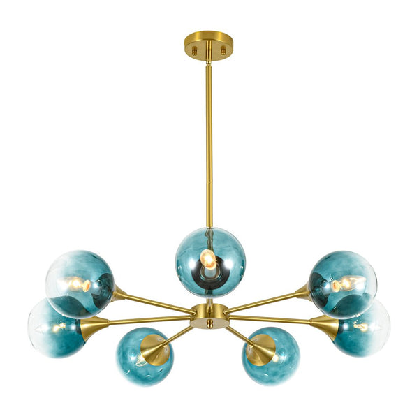 Chandelierias - Mid - century Sphere 7 - Light Cyan - blue Glass Bubble Linear Chandelier - Chandeliers - Brass - 