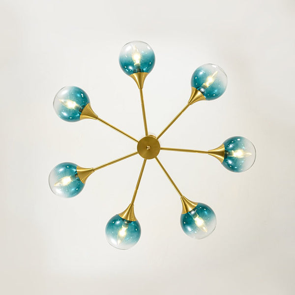 Chandelierias - Mid - century Sphere 7 - Light Cyan - blue Glass Bubble Linear Chandelier - Chandeliers - Brass - 