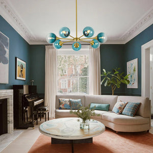 Chandelierias - Mid - century Sphere 7 - Light Cyan - blue Glass Bubble Linear Chandelier - Chandeliers - Brass - 