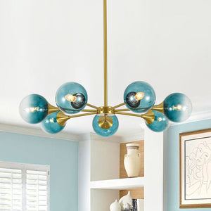 Chandelierias - Mid - century Sphere 7 - Light Cyan - blue Glass Bubble Linear Chandelier - Chandeliers - Brass - 