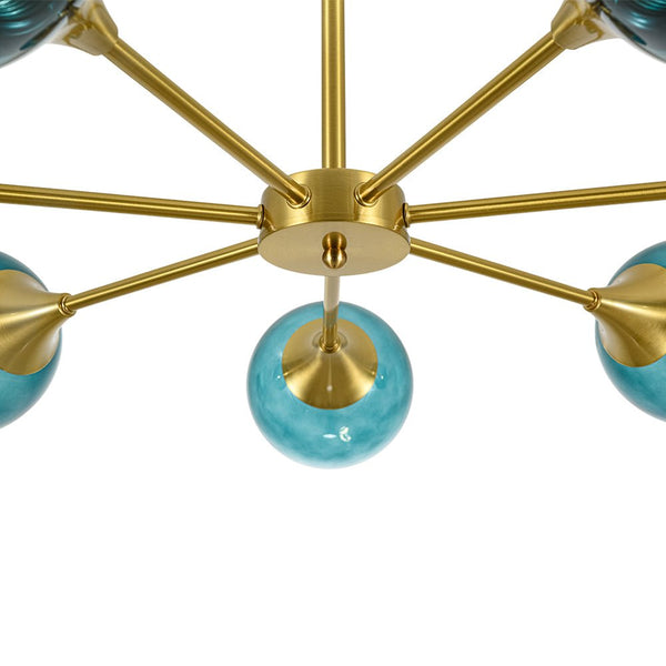Chandelierias - Mid - century Sphere 7 - Light Cyan - blue Glass Bubble Linear Chandelier - Chandeliers - Brass - 