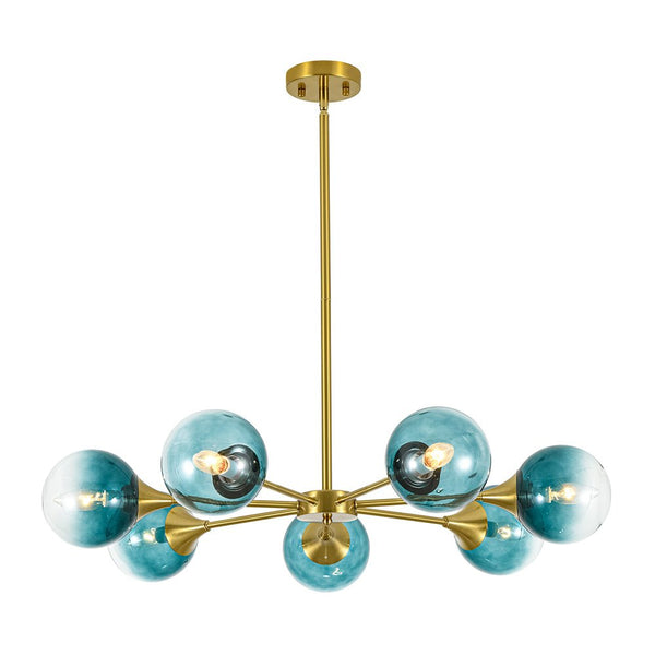 Chandelierias - Mid - century Sphere 7 - Light Cyan - blue Glass Bubble Linear Chandelier - Chandeliers - Brass - 