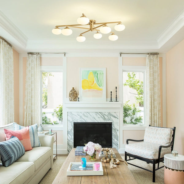 Chandelierias-Midcentury Brass 8-Light Oval Glass Tiered Sputnik Semi-flush Mount-Semi Flush-Brass-