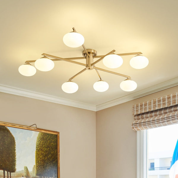 Chandelierias-Midcentury Brass 8-Light Oval Glass Tiered Sputnik Semi-flush Mount-Semi Flush-Brass-
