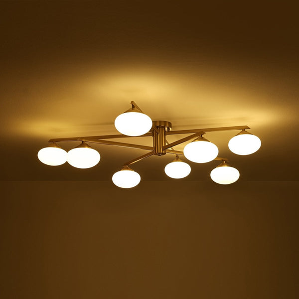Chandelierias-Midcentury Brass 8-Light Oval Glass Tiered Sputnik Semi-flush Mount-Semi Flush-Brass-