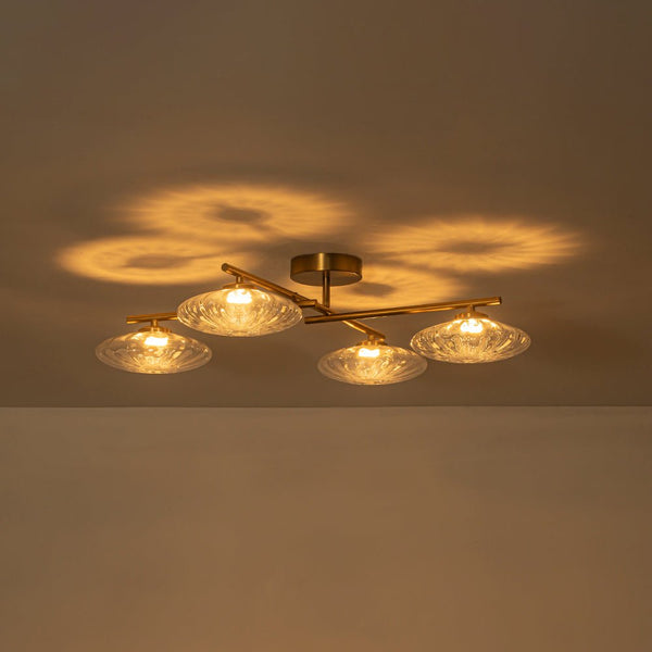 Chandelierias - Midcentury Linear 4 - Light Oval Striped Glass LED Semi - flush Mount - Semi Flush - Brass - 