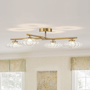 Chandelierias - Midcentury Linear 4 - Light Oval Striped Glass LED Semi - flush Mount - Semi Flush - Brass - 