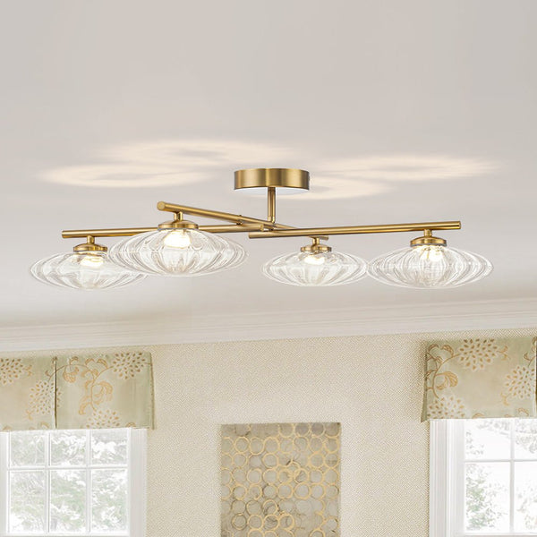 Chandelierias - Midcentury Linear 4 - Light Oval Striped Glass LED Semi - flush Mount - Semi Flush - Brass - 