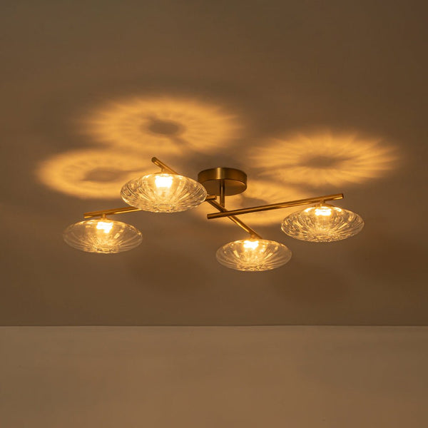 Chandelierias - Midcentury Linear 4 - Light Oval Striped Glass LED Semi - flush Mount - Semi Flush - Brass - 