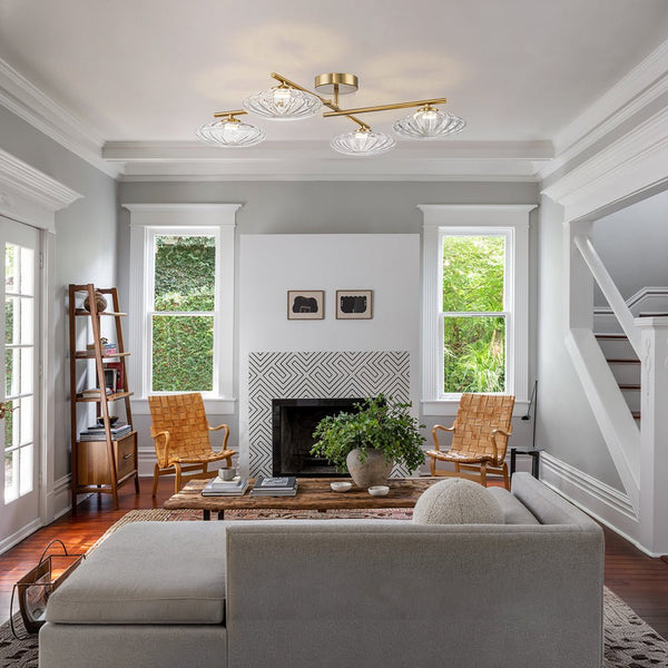 Chandelierias - Midcentury Linear 4 - Light Oval Striped Glass LED Semi - flush Mount - Semi Flush - Brass - 