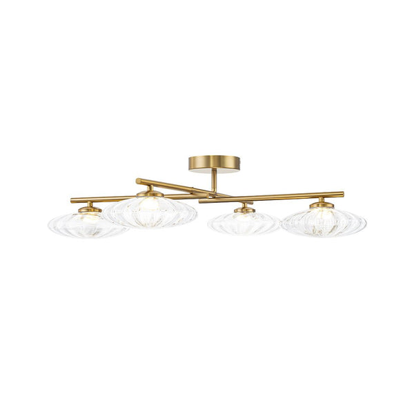 Chandelierias - Midcentury Linear 4 - Light Oval Striped Glass LED Semi - flush Mount - Semi Flush - Brass - 