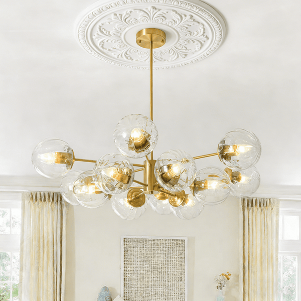 Chandelierias - Midcentury Ornate 12 - Light Striped Glass Bubble Tiered Spuntnik Chandelier - Chandeliers - Brass - 