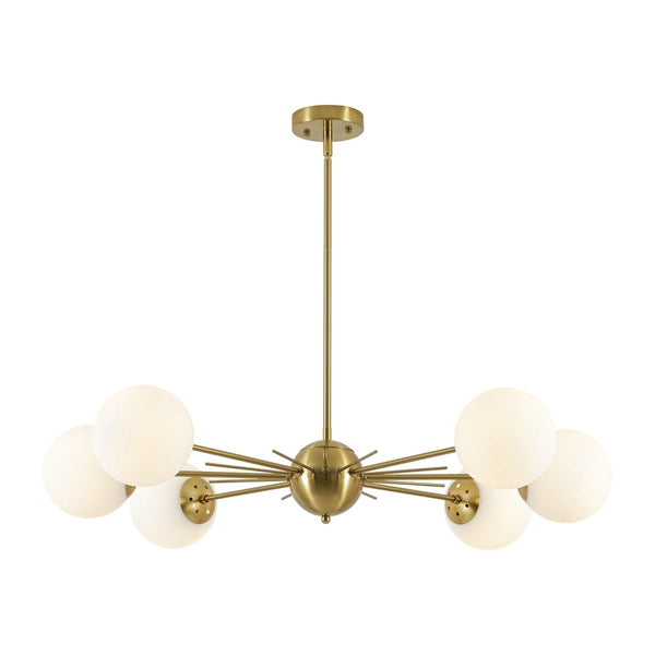 Chandelierias-Midcentury Radial 6-Light Frosted Opal Glass Sunburst Chandelier-Chandeliers-Brass-