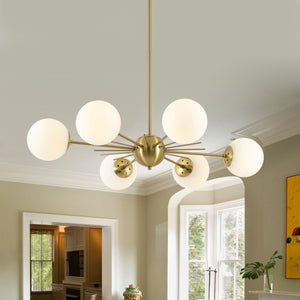 Chandelierias-Midcentury Radial 6-Light Frosted Opal Glass Sunburst Chandelier-Chandeliers-Brass-