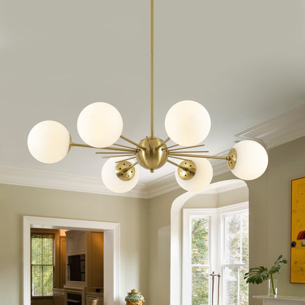 Chandelierias-Midcentury Radial 6-Light Frosted Opal Glass Sunburst Chandelier-Chandeliers-Brass-