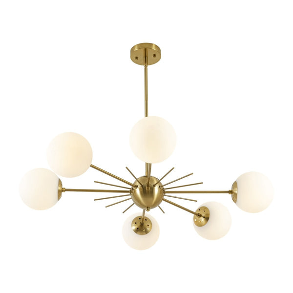 Chandelierias-Midcentury Radial 6-Light Frosted Opal Glass Sunburst Chandelier-Chandeliers-Brass-