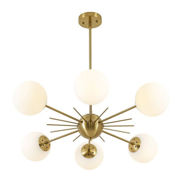 Chandelierias-Midcentury Radial 6-Light Frosted Opal Glass Sunburst Chandelier-Chandeliers-Brass-