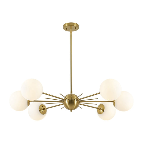 Chandelierias-Midcentury Radial 6-Light Frosted Opal Glass Sunburst Chandelier-Chandeliers-Brass-