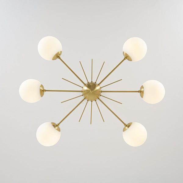 Chandelierias-Midcentury Radial 6-Light Frosted Opal Glass Sunburst Chandelier-Chandeliers-Brass-