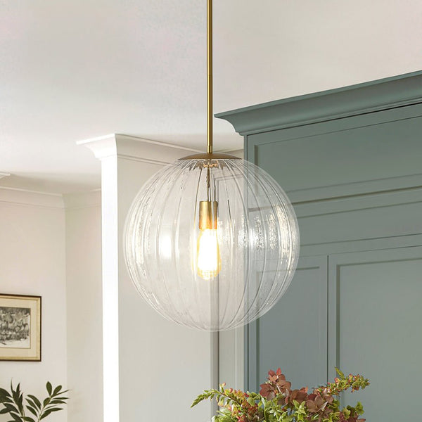 Chandelierias - Minimalist Modern 1 - Light Ribbed Clear Glass Globe Pendant - Pendants - Brushed Brass - 