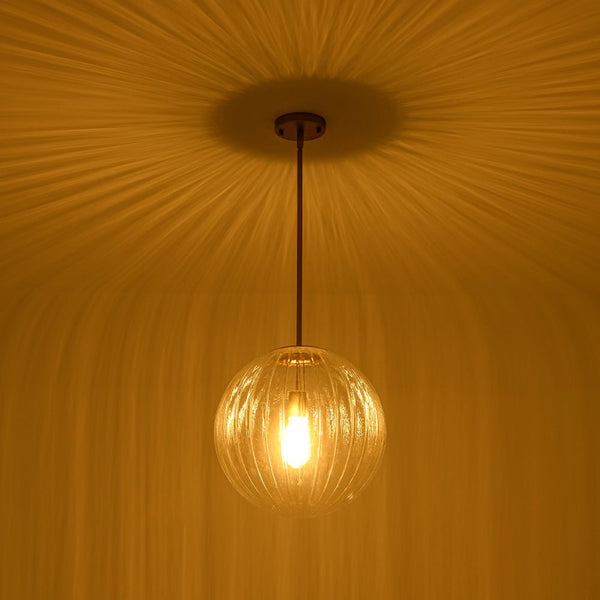 Chandelierias - Minimalist Modern 1 - Light Ribbed Clear Glass Globe Pendant - Pendants - Brushed Brass - 