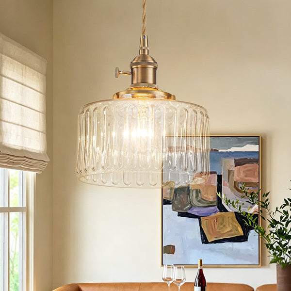 Chandelierias-Modern 1-Light Fluted Drum Glass Single Island Pendant-Pendants-Clear-