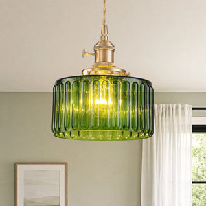Chandelierias-Modern 1-Light Fluted Drum Glass Single Island Pendant-Pendants-Moody Olive-