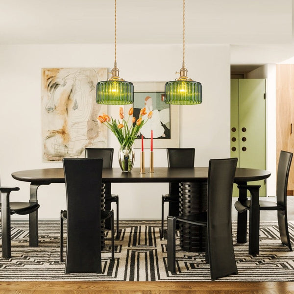 Chandelierias-Modern 1-Light Fluted Drum Glass Single Island Pendant-Pendants-Moody Olive-