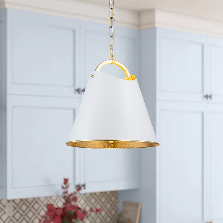 Chandelierias - Modern 1 - Light Gold Leaf Hanging Metal Barrel Pendant - Pendant - White - 