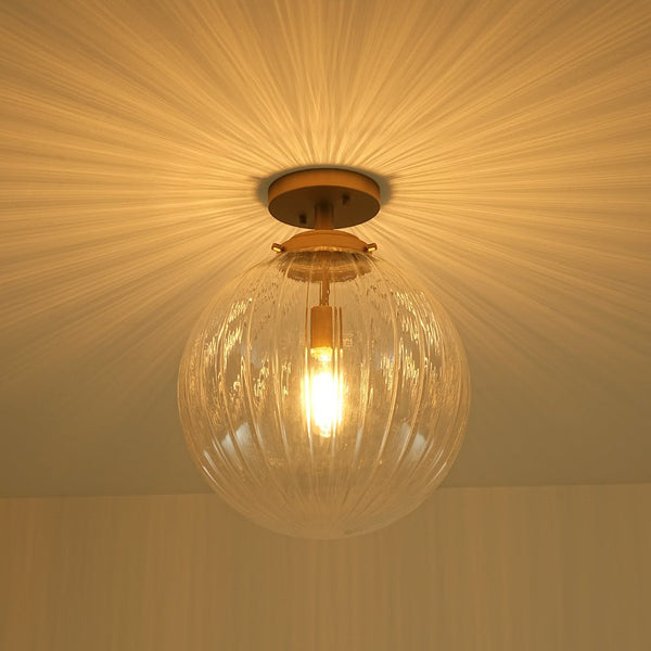 Chandelierias-Modern 1-Light Ribbed Glass Globe Semi-flush Mount-Semi Flush-Brushed Brass-