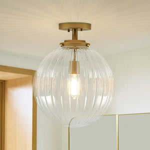Chandelierias-Modern 1-Light Ribbed Glass Globe Semi-flush Mount-Semi Flush-Brushed Brass-