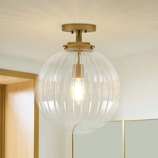 Chandelierias-Modern 1-Light Ribbed Glass Globe Semi-flush Mount-Semi Flush-Brushed Brass-