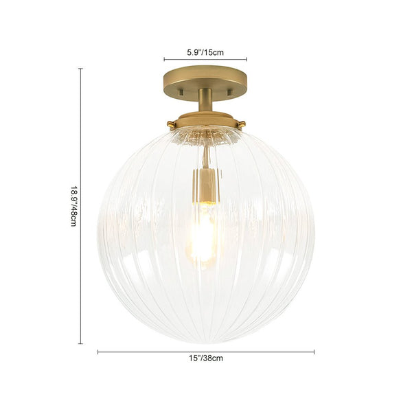 Chandelierias-Modern 1-Light Ribbed Glass Globe Semi-flush Mount-Semi Flush-Brushed Brass-