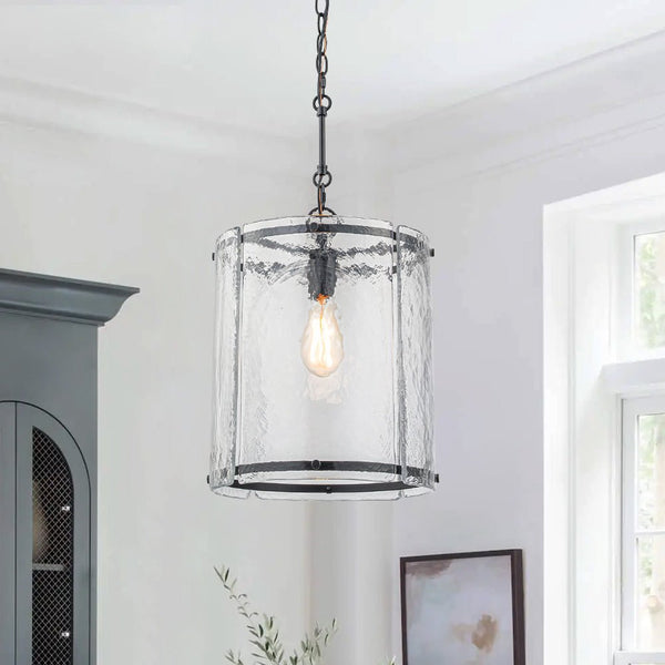 Chandelierias - Modern 1 - Light Water Rippled Glass Cylinder Single Pendant - Pendant - Black - 