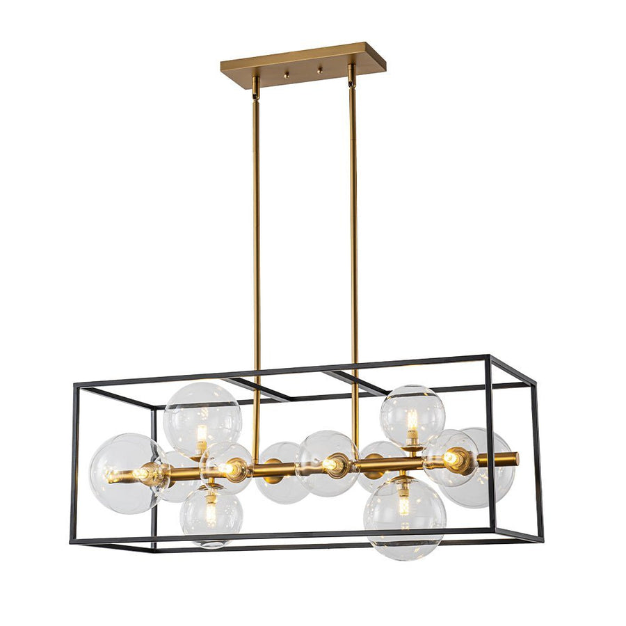 Chandelierias - Modern 12 - Light Clear Glass Rectangle Kitchen Island Chandelier - Chandeliers - Black & Gold - 