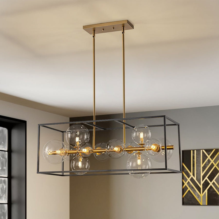 Chandelierias - Modern 12 - Light Clear Glass Rectangle Kitchen Island Chandelier - Chandeliers - Black & Gold - 