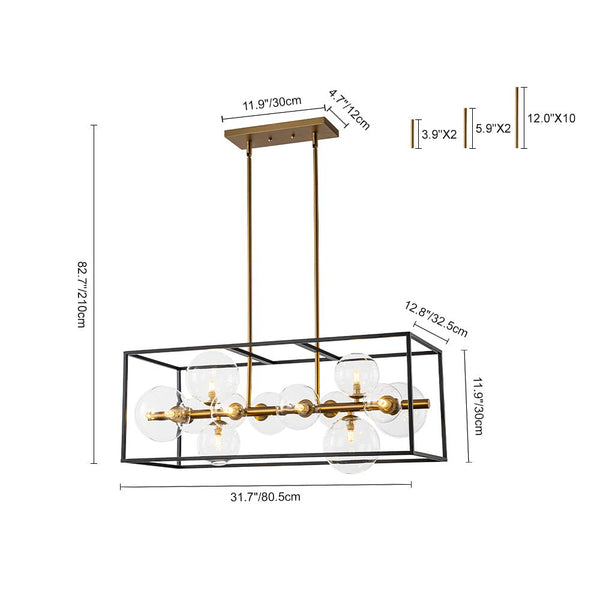 Chandelierias - Modern 12 - Light Clear Glass Rectangle Kitchen Island Chandelier - Chandeliers - Black & Gold - 