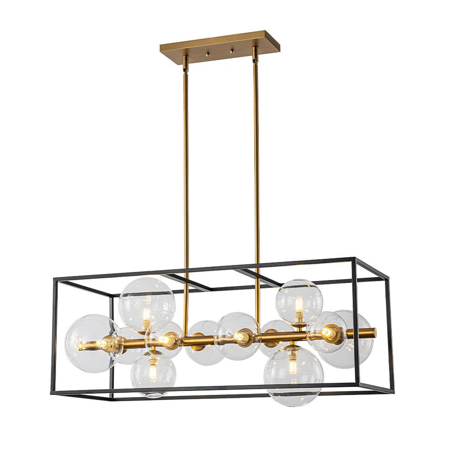 Chandelierias - Modern 12 - Light Clear Glass Rectangle Kitchen Island Chandelier - Chandeliers - Black & Gold - 