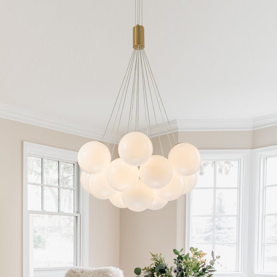 Chandelierias - Modern 13 - Light Cluster Opaline Glass Bubble Chandelier - Chandelier - Brushed Brass - 13 Bulbs