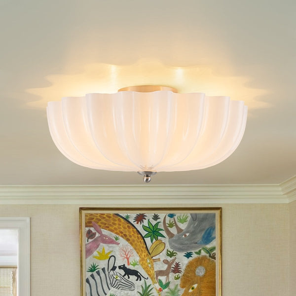 Chandelierias-Modern 3-Light Ivory White Daisy Glass Semi-Flush Mount-Semi Flush-Nickel-Glossy Ivory