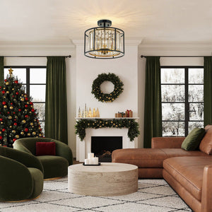 Chandelierias - Modern 3 - Light Layered Crystal Drum Semi - Flush Mount - Semi Flush - 3 Bulbs - 