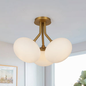 Chandelierias - Modern 3 - Light Semi - Flush Mount with Frosted Glass Globes - Semi Flush - Brass - 3 Bulbs