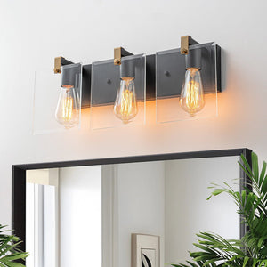 Chandelierias - Modern 3 - Light Square Clear Glass Vanity Light - Wall Light - Brass & Black - 