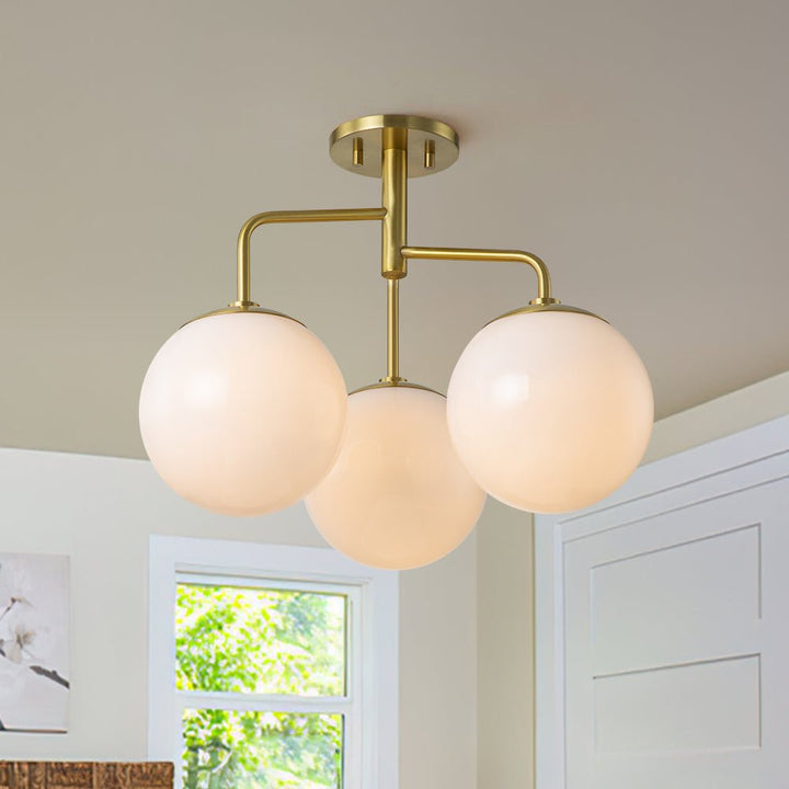 Chandelierias - Modern 3 - Light Staggered Arm Opal Glass Semi - Flush Mount - Semi Flush - Brass - 