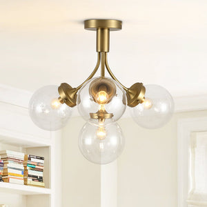 Chandelierias - Modern 4 - Light Clear Glass Globe Sputnik Semi - flush Mount - Semi Flush - Brass - 
