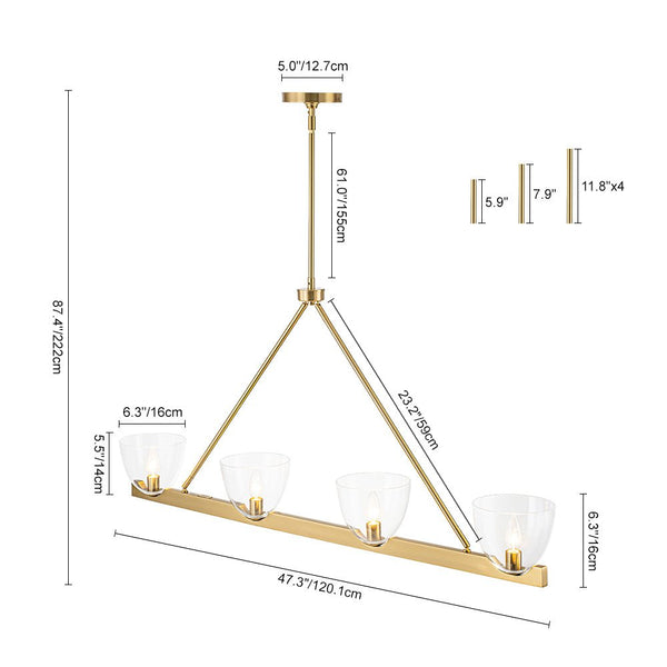 Chandelierias - Modern 4 - Light Clear Glass Long Dining Chandelier - Chandeliers - Brass - 