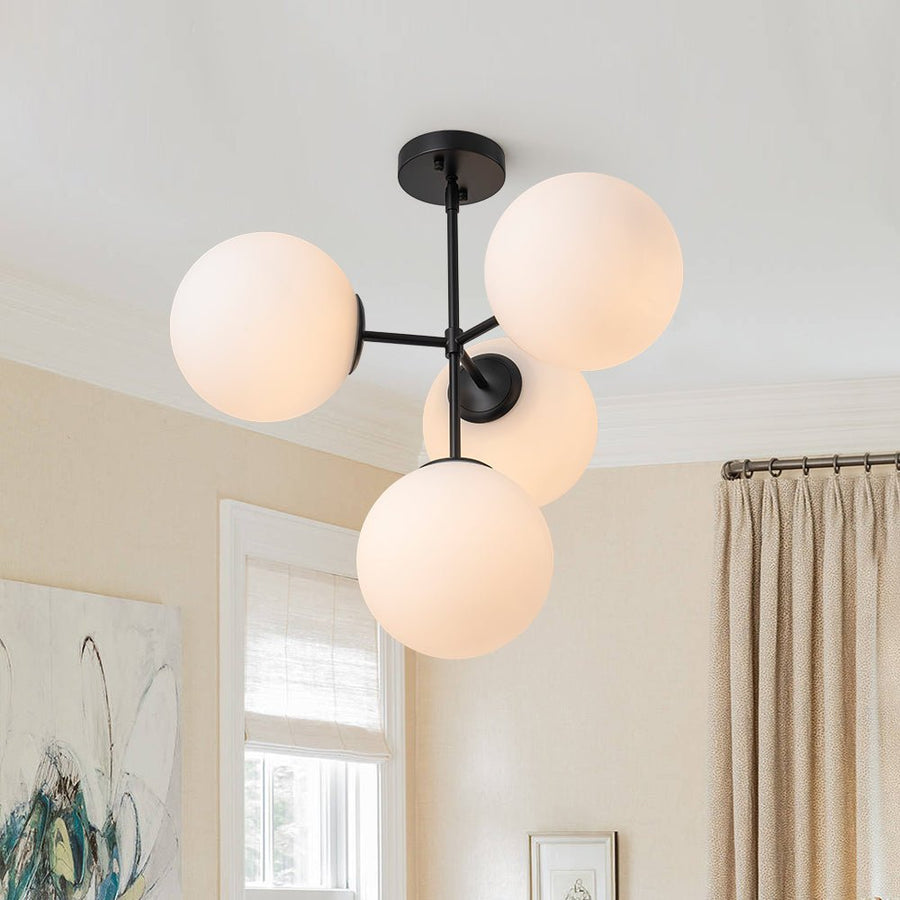 Chandelierias - Modern 4 - Light Matte Glass Globe Semi - Flush Mount Layered Chandelier - Chandelier - Brass - 