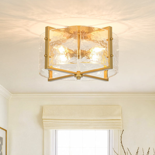 Chandelierias-Modern 4-Light Rippled Glass Drum Semi-Flush Mount-Semi Flush-Gold (Back-order)-