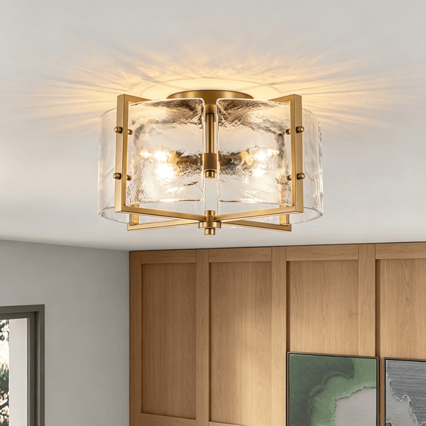 Chandelierias-Modern 4-Light Rippled Glass Drum Semi-Flush Mount-Semi Flush-Gold (Back-order)-